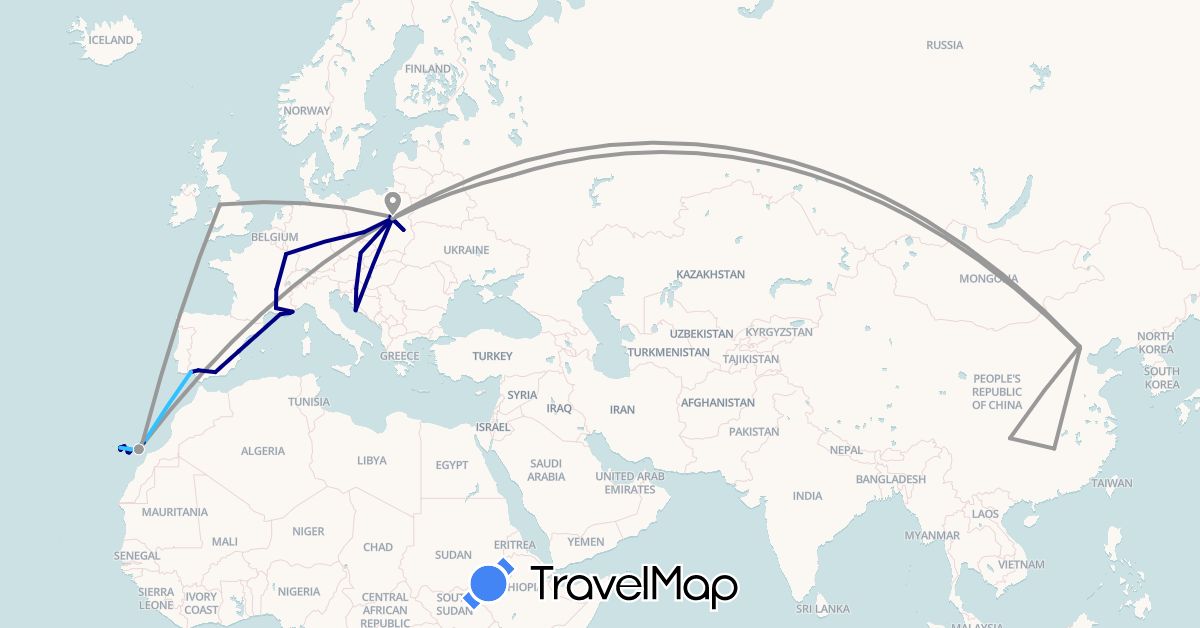TravelMap itinerary: driving, plane, boat in Austria, China, Czech Republic, Spain, France, United Kingdom, Croatia, Poland, Russia (Asia, Europe)